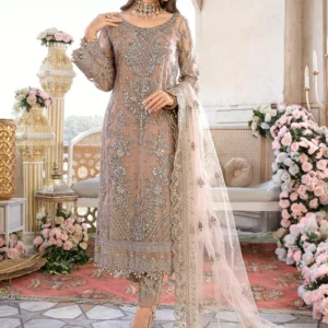 Beige Net Unstitched 3-Piece Set – Festive/Party Wear