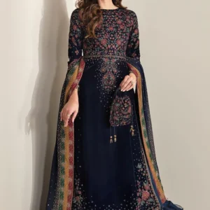 Navy Blue Velvet Unstitched 3-Piece Set – Festive/Party Wear